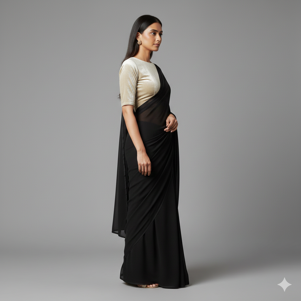 Black georgette saree styled with cream velvet blouse for elegant contrast look