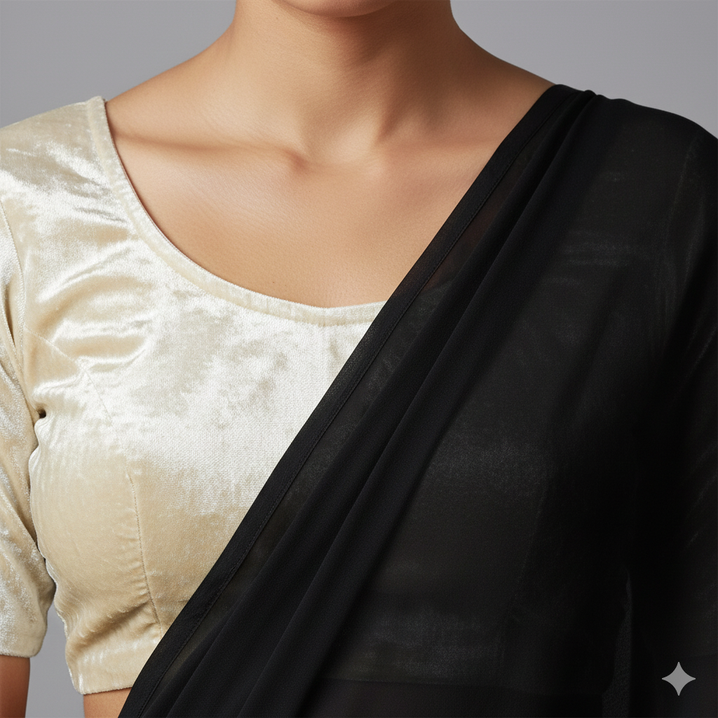 Black georgette saree styled with cream velvet blouse for elegant contrast look