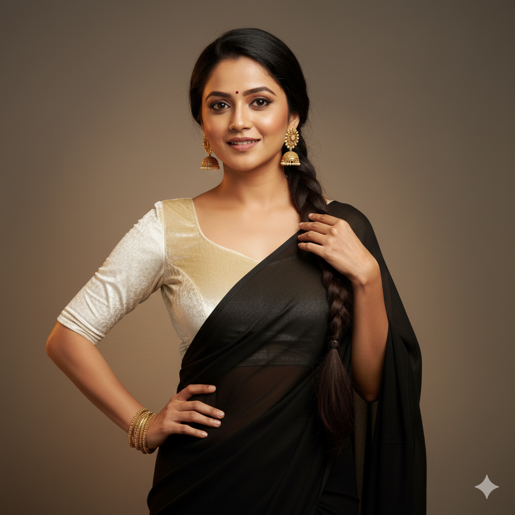Black georgette saree styled with cream velvet blouse for elegant contrast look