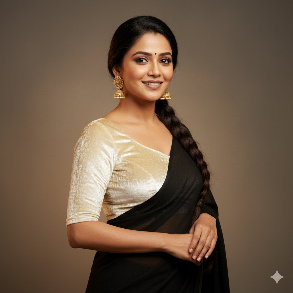 Black georgette saree styled with cream velvet blouse for elegant contrast look