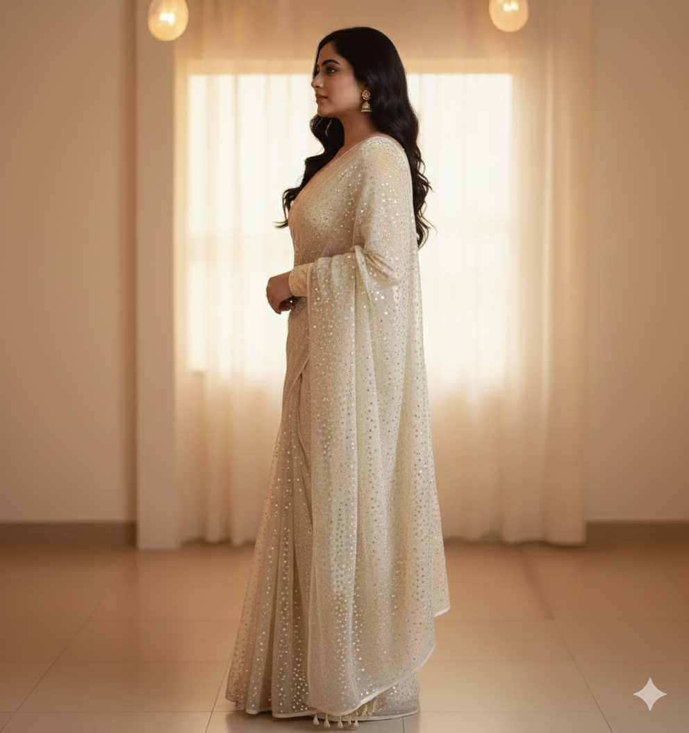 Sparkle cream pure georgette saree paired with sparkle cream velvet blouse for festive look