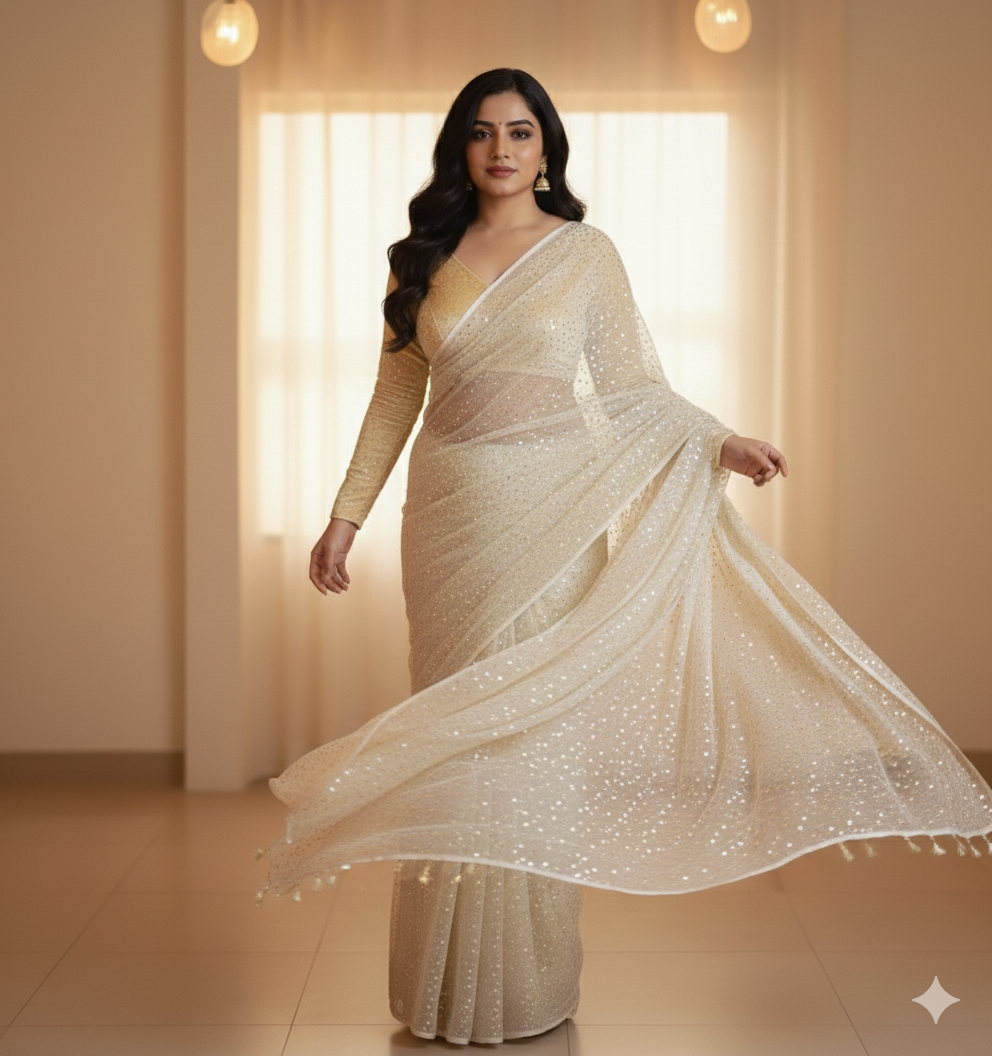 Sparkle cream pure georgette saree paired with sparkle cream velvet blouse for festive look