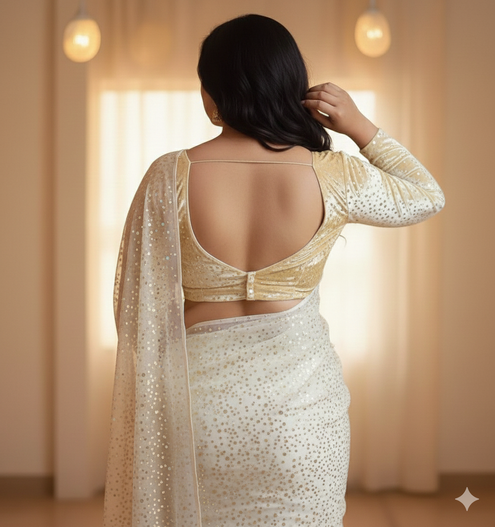 Sparkle cream pure georgette saree paired with sparkle cream velvet blouse for festive look