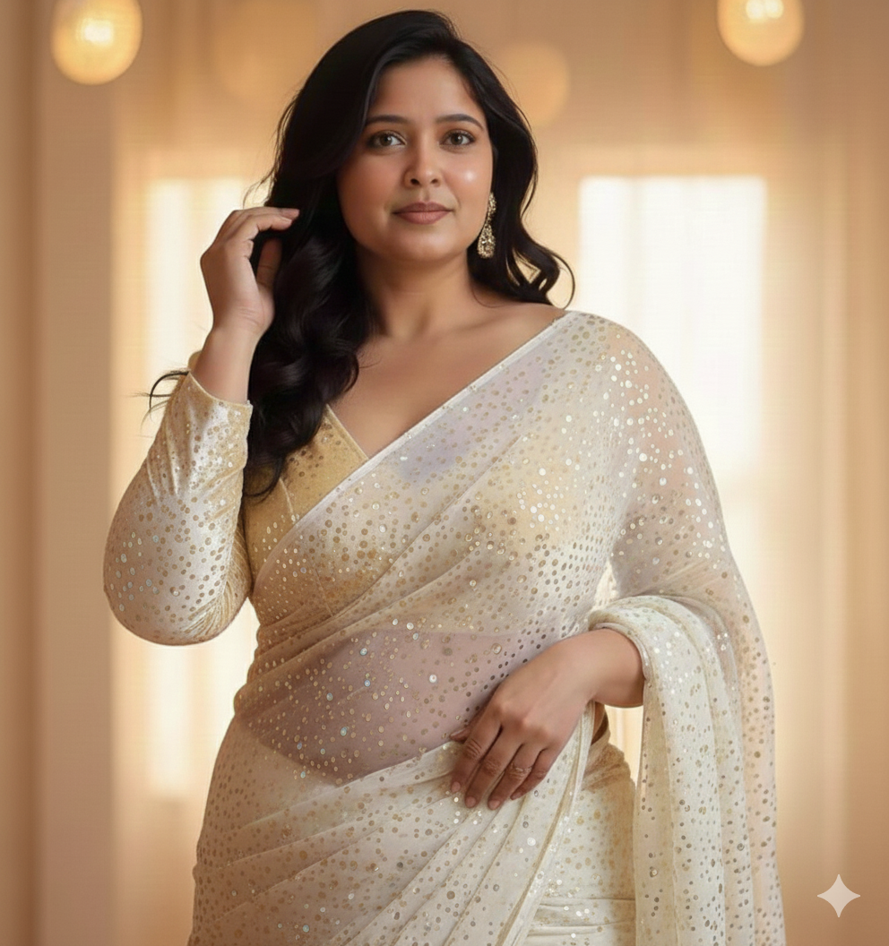 Sparkle cream pure georgette saree paired with sparkle cream velvet blouse for festive look