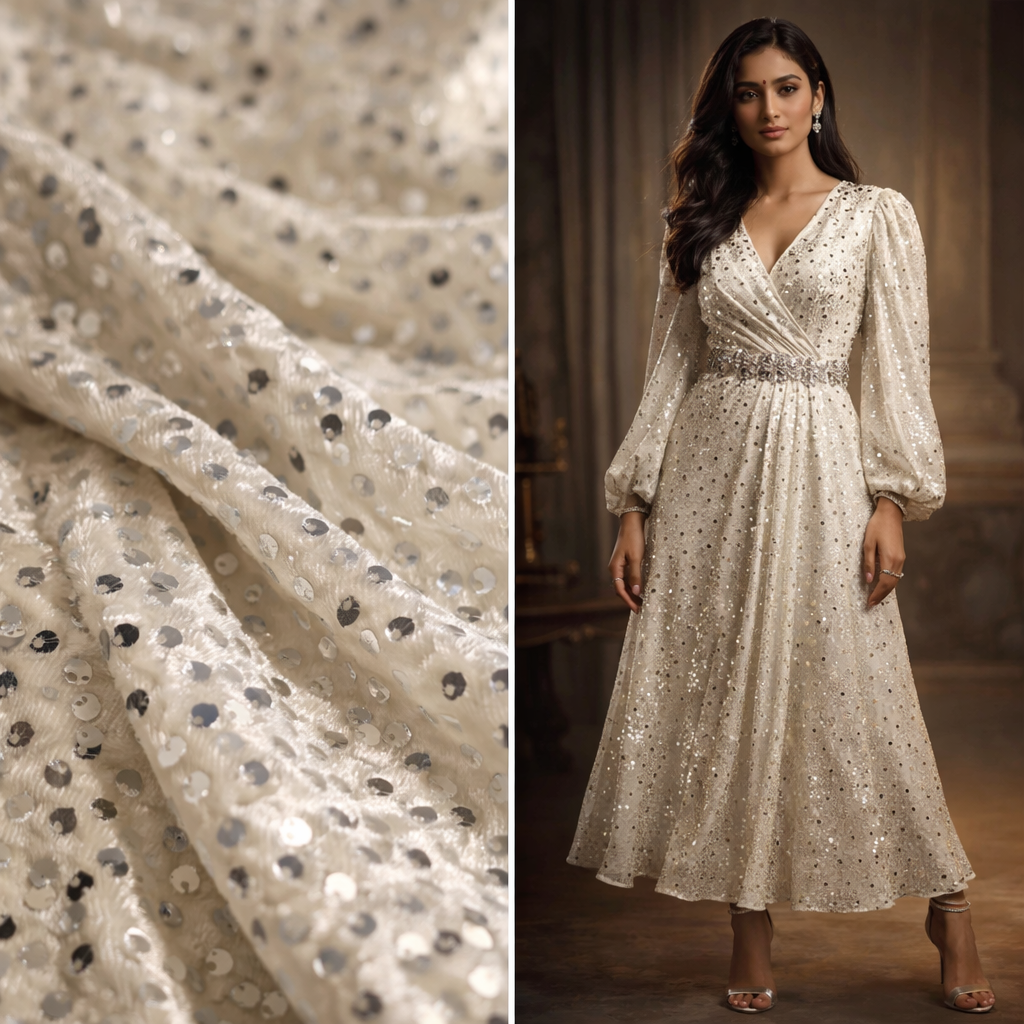 Cream Sequin Velvet Fabric – Premium Party Wear Finish | 1 Meter