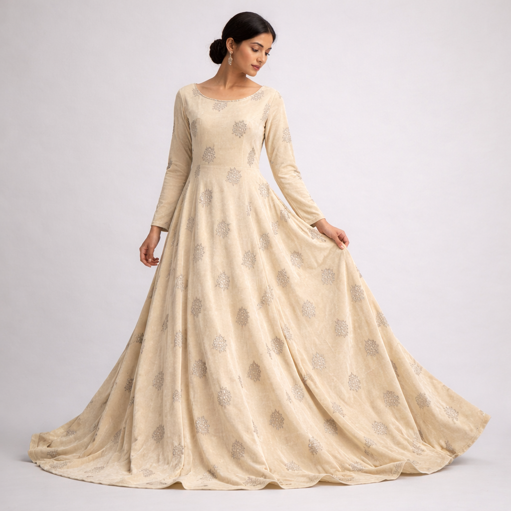 Cream Kite Embroidery Velvet Fabric – Designer Work | 1 Meter
