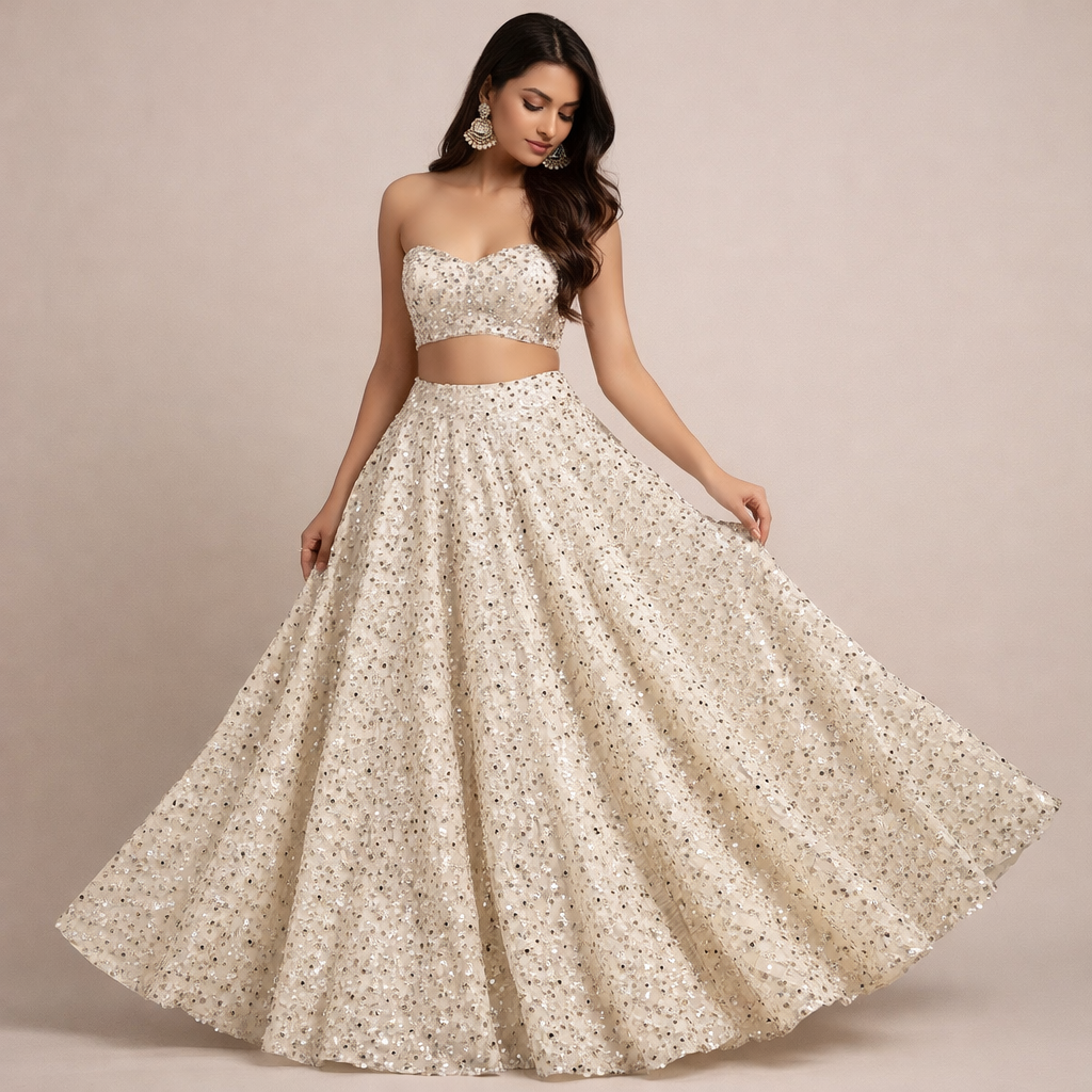 Cream Sequin Velvet Fabric – Premium Party Wear Finish | 1 Meter