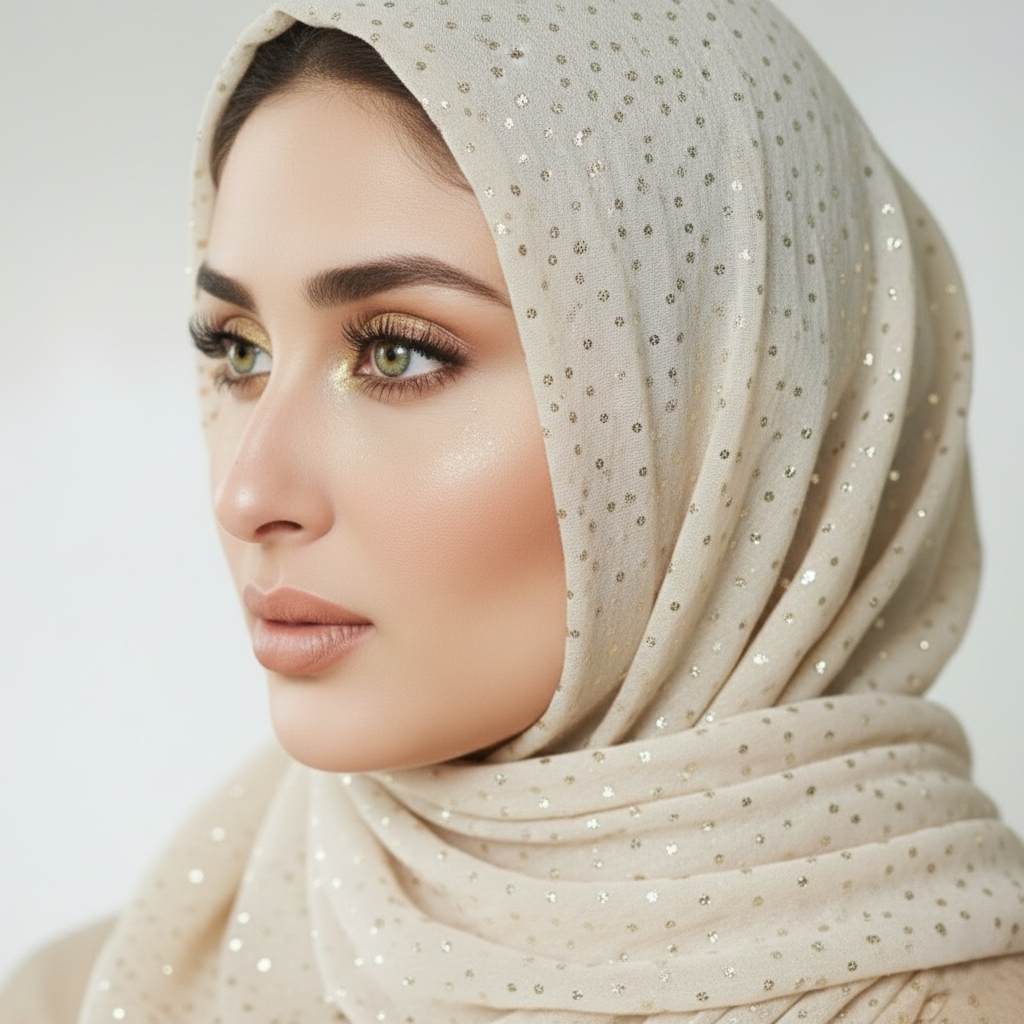 Sparkle Georgette Cream Hijab – 2.50 Meter Elegant Shimmer Modest Scarf