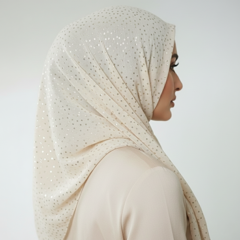 Sparkle Georgette Cream Hijab – 2.50 Meter Elegant Shimmer Modest Scarf