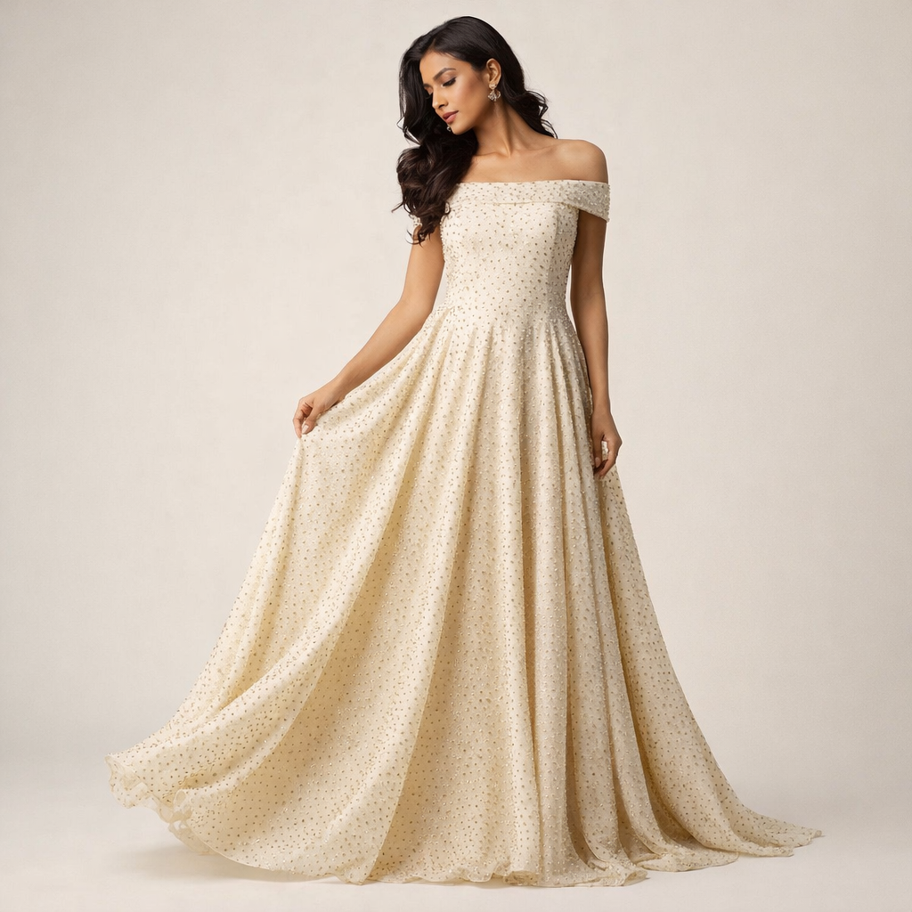 Cream Sparkle Velvet Fabric – Premium Shimmer Finish | 1 Meter