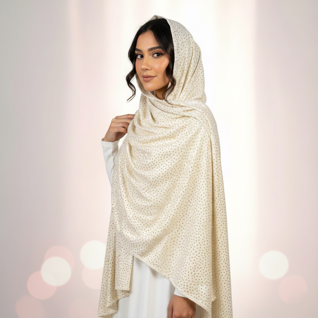 Sparkle Velvet Cream Hijab – 1.50 Meter Elegant Shimmer Modest Scarf