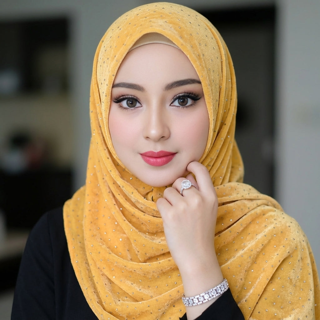 Sparkle Velvet Gold Hijab – 1.50 Meter Elegant Shimmer Modest Scarf