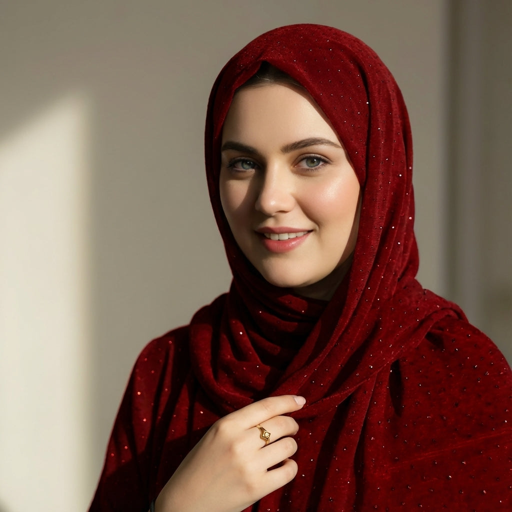Sparkle Velvet Red Hijab – 1.50 Meter Elegant Shimmer Modest Scarf