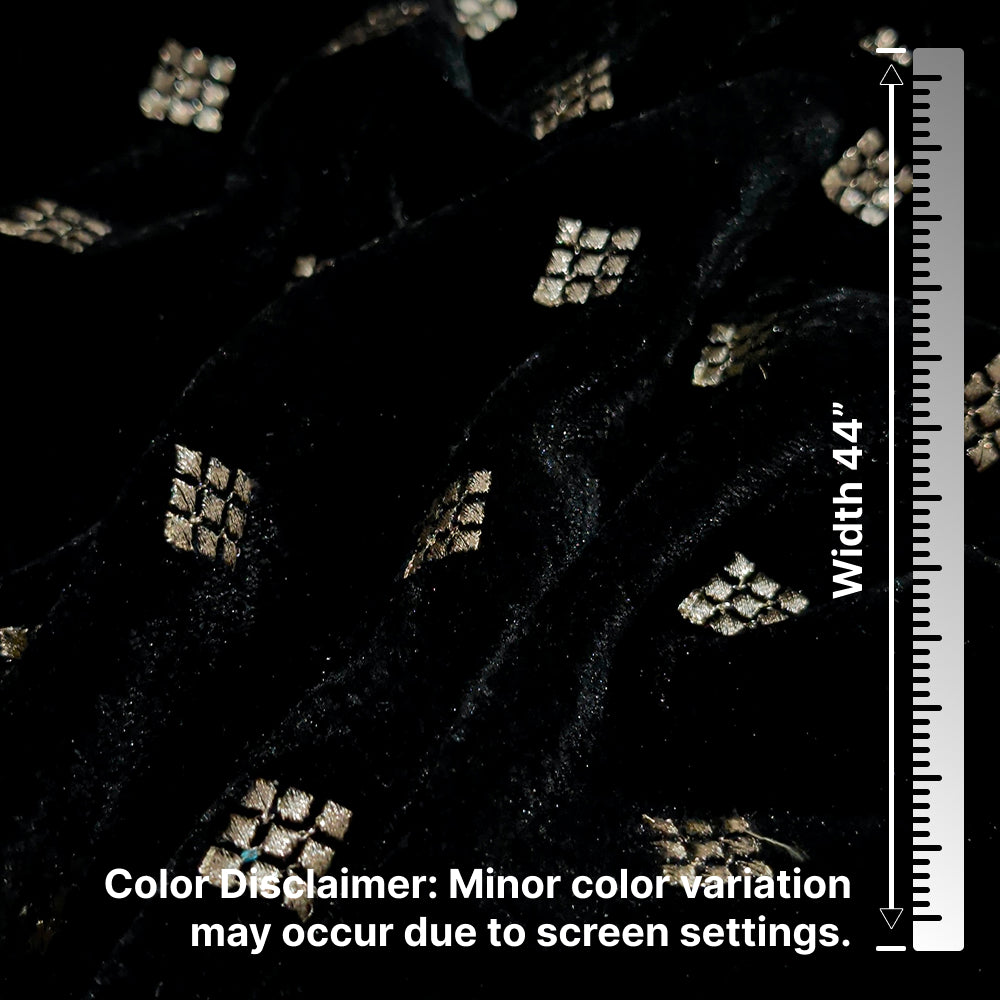 Black Square Embroidery Velvet Fabric – Designer Work | 1 Meter