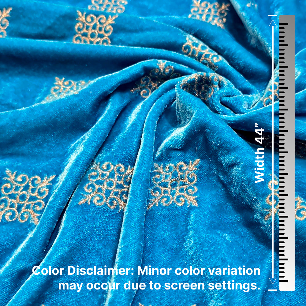 Sky Blue Kite Embroidery Velvet Fabric – Designer Work | 1 Meter