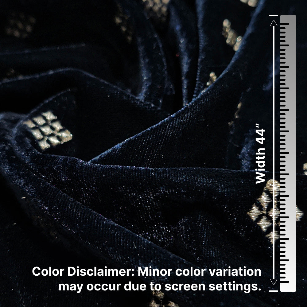 Navy Blue Square Embroidery Velvet Fabric – Designer Work | 1 Meter