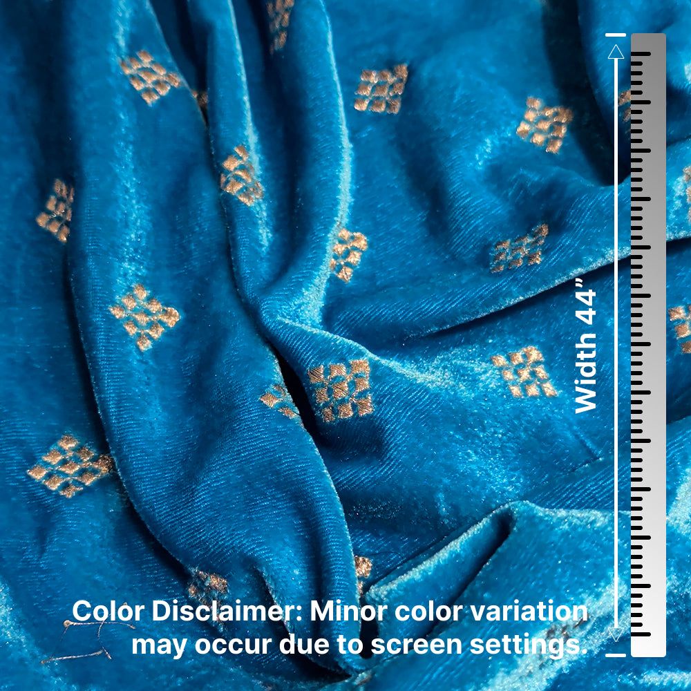 Sky Blue Square Embroidery Velvet Fabric – Designer Work | 1 Meter