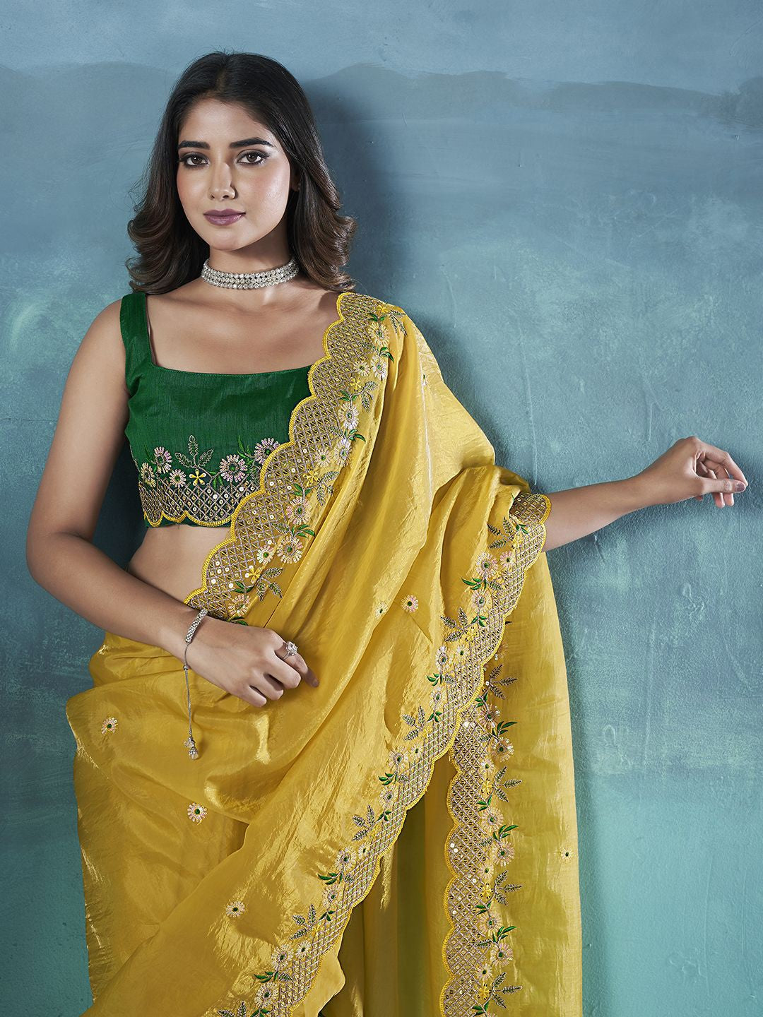 WEAVE Gold Crunchy Silk Floral Embroidered Saree with Cutwork Border and Mono Diamond Silk Blouse