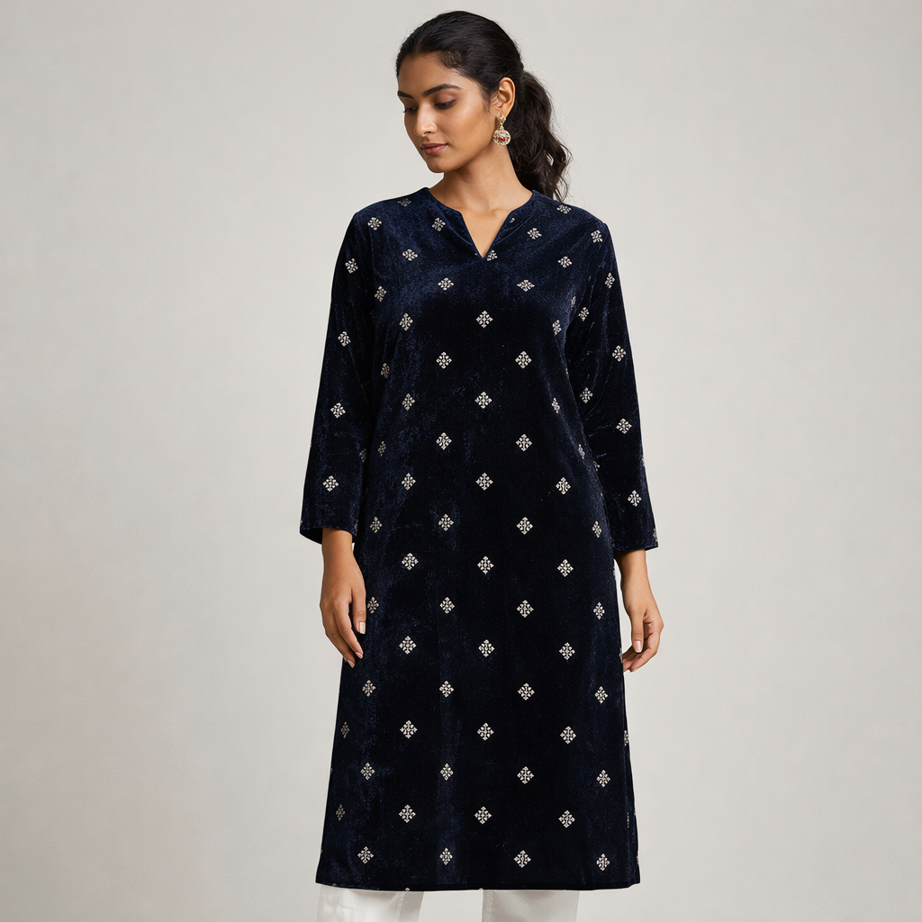 Navy Blue Square Embroidery Velvet Fabric – Designer Work | 1 Meter