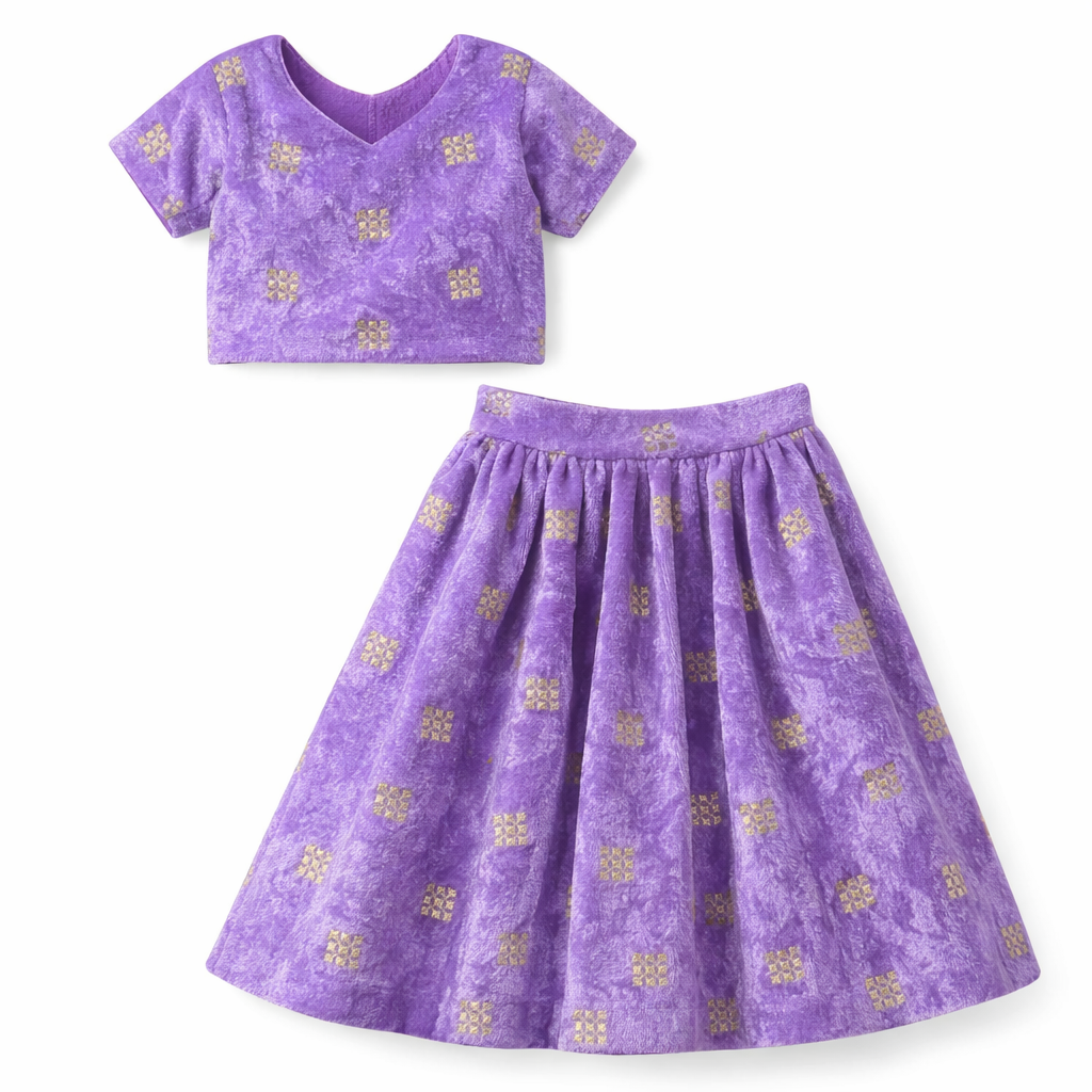 Lavender Square Embroidery Velvet Fabric – Designer Work | 1 Meter