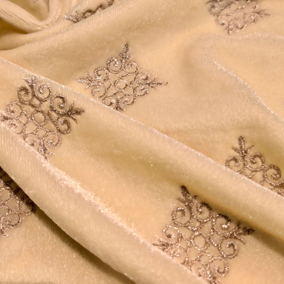Cream Kite Embroidery Velvet Fabric – Designer Work | 1 Meter