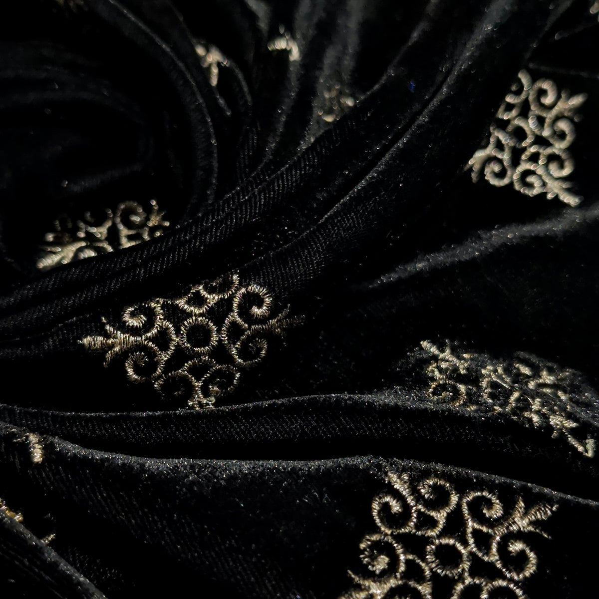 Black Kite Embroidery Velvet Fabric – Designer Work | 1 Meter