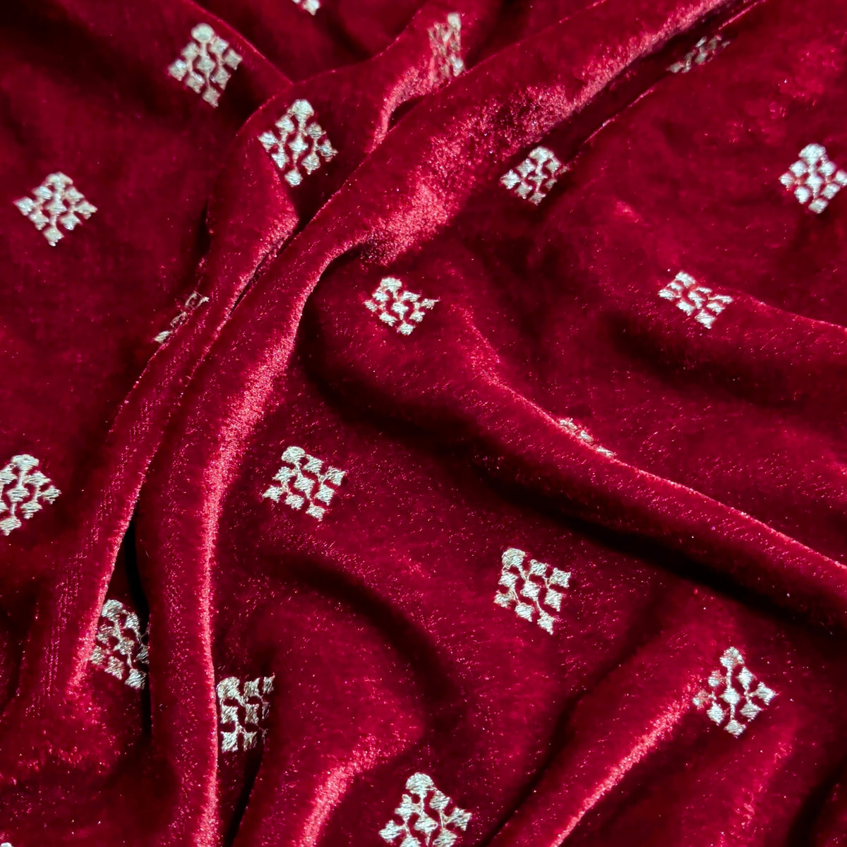 Maroon Square Embroidery Velvet Fabric – Designer Work | 1 Meter