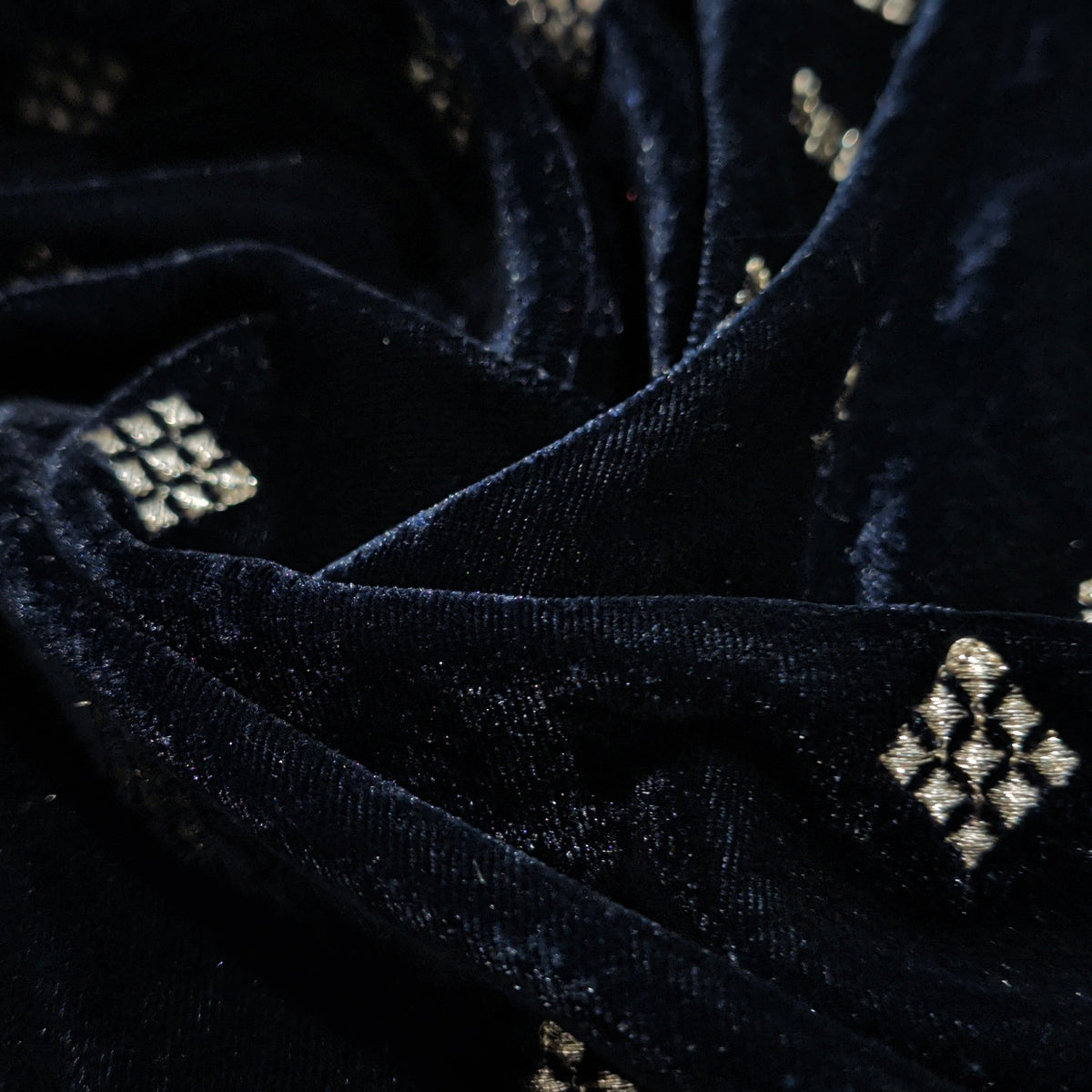 Navy Blue Square Embroidery Velvet Fabric – Designer Work | 1 Meter