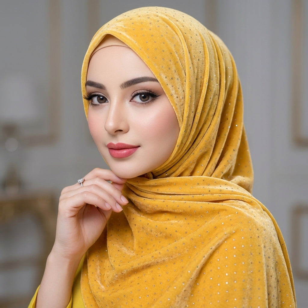 Sparkle Velvet Gold Hijab – 1.50 Meter Elegant Shimmer Modest Scarf
