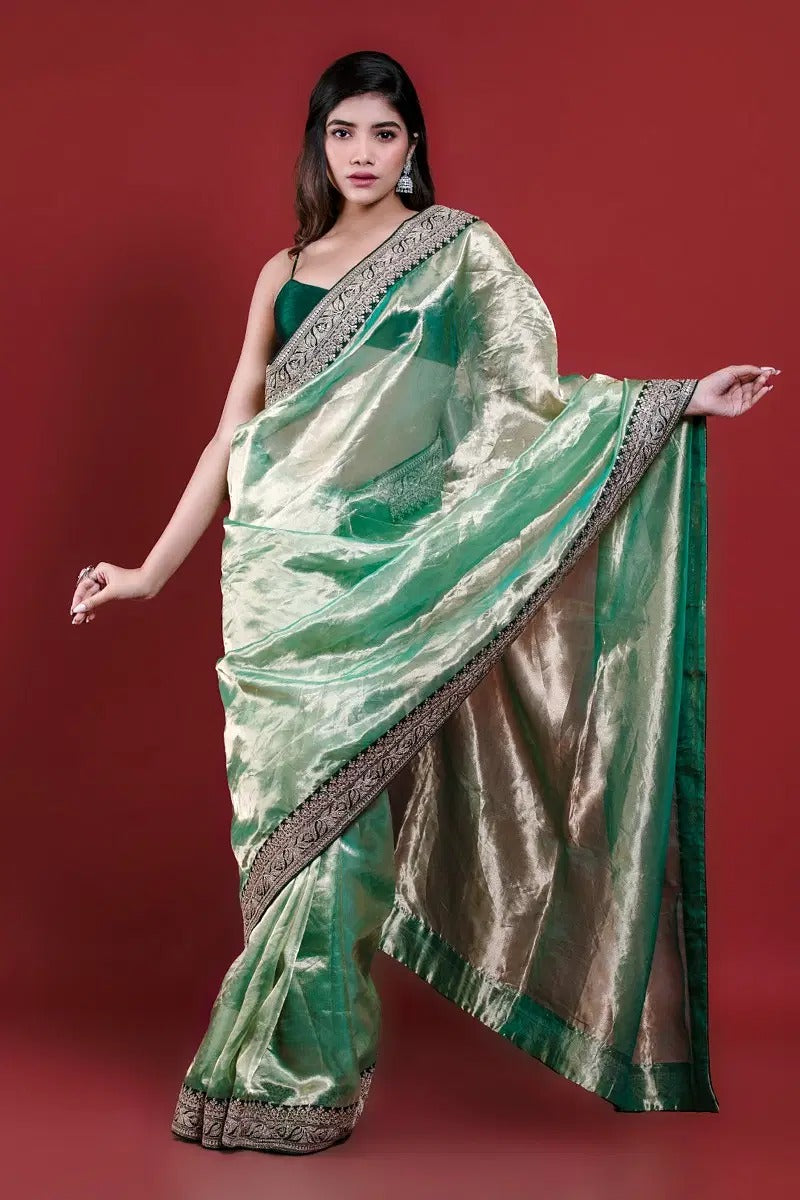 royal tissue silk saree with jari dori sequins embroidered lace border