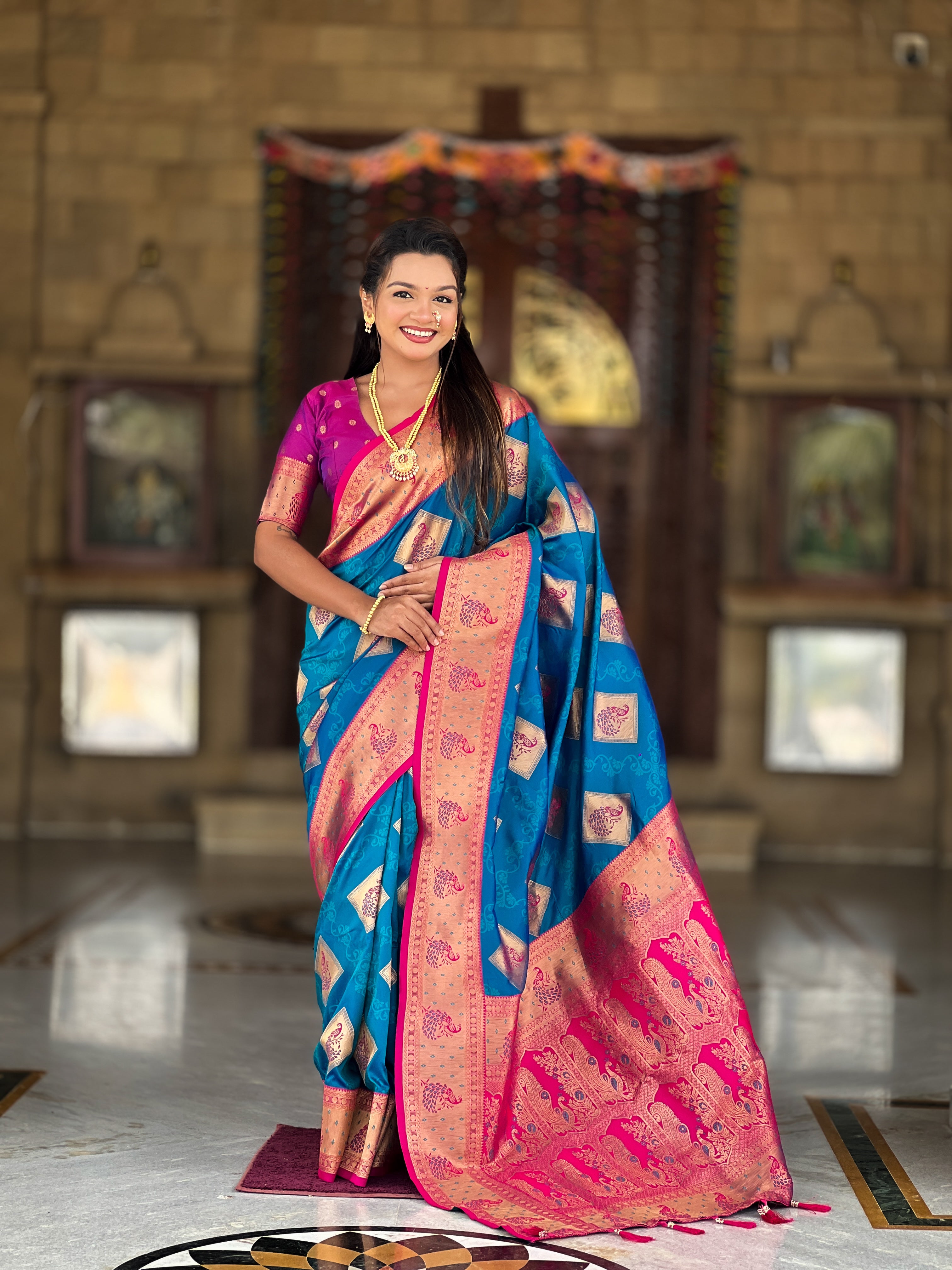 Soft Banarasi silk saree with zari weaving and Meenakari design and contrast woven pallu by Weave