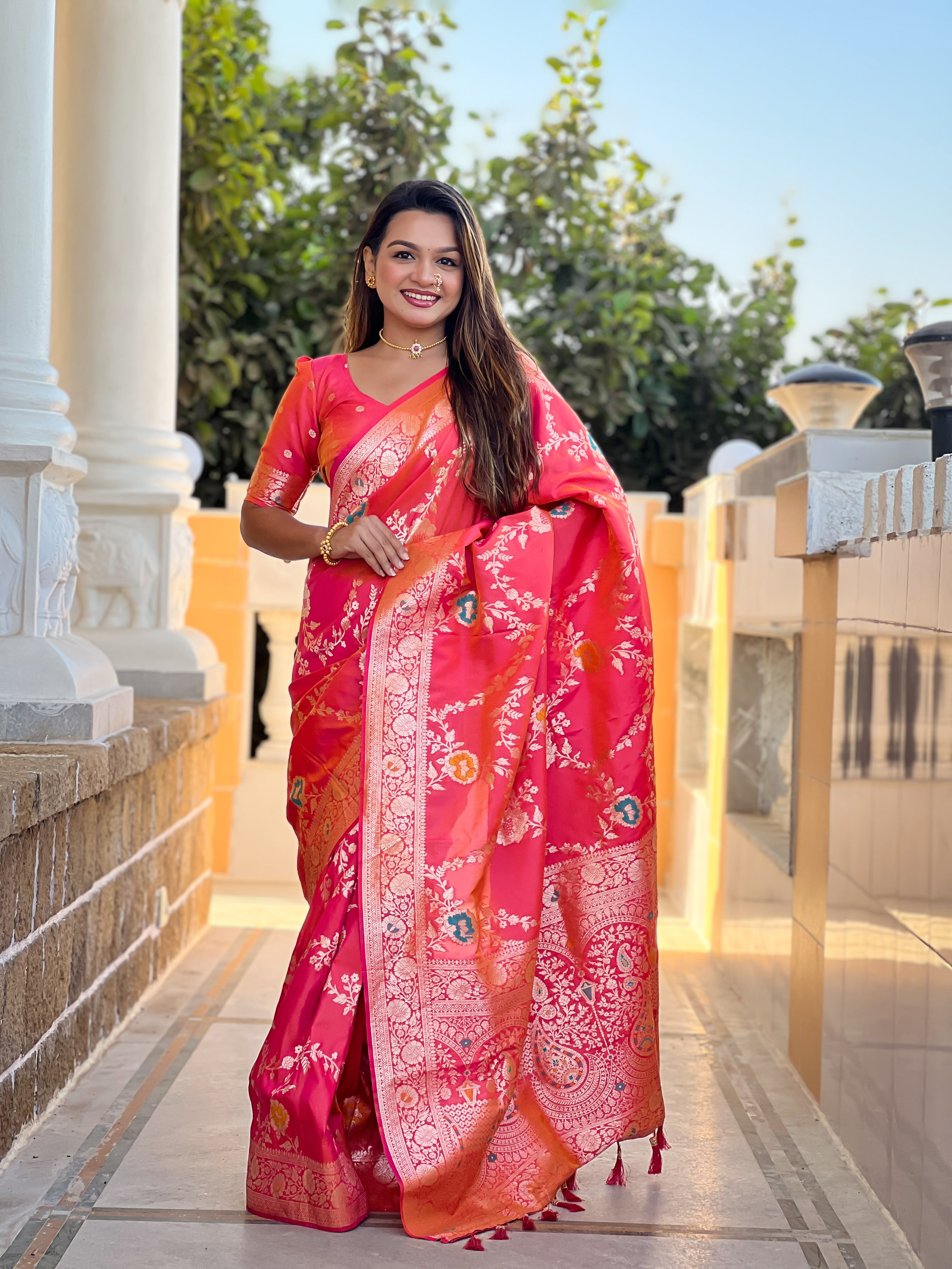 soft banarasi silk saree with meenakari weaving and zari work