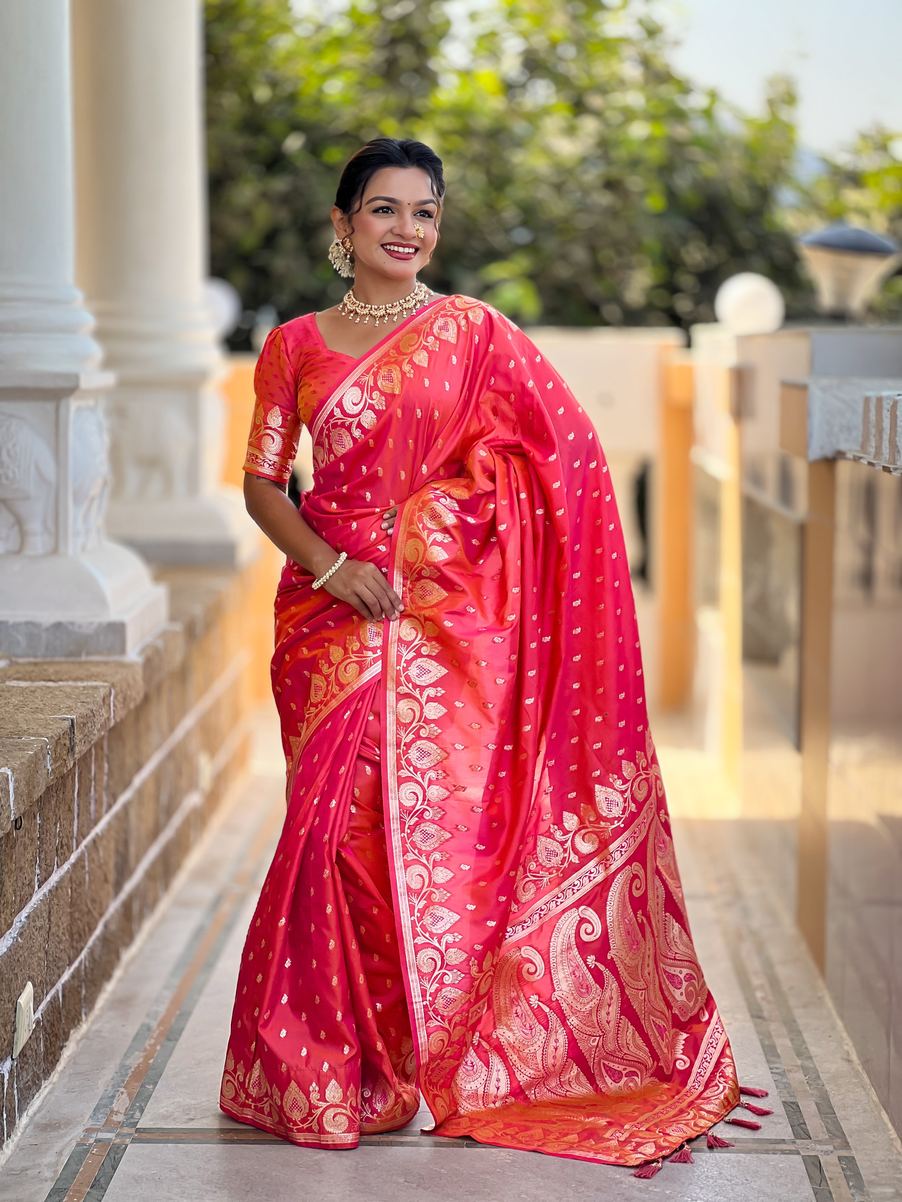 Soft Banarasi Silk Saree; Pure Silk Zari Weaving Saree; Rich Zari Pallu with Meenakari Border; Traditional Banarasi Sari with Tassels; Matching Soft Silk Woven Blouse Piece