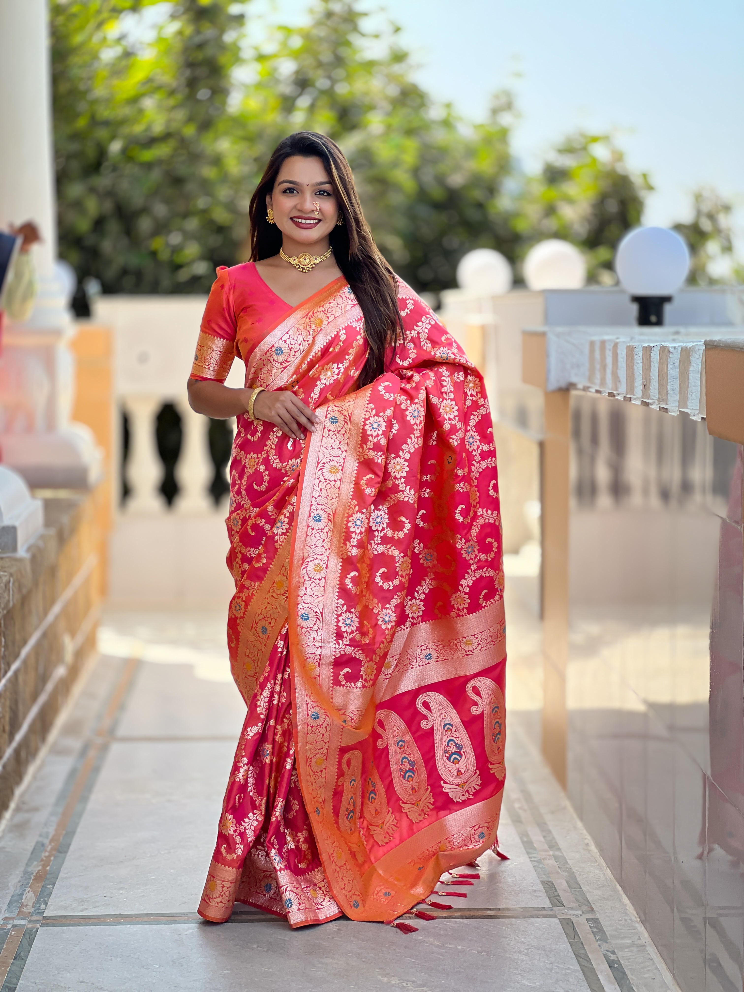 Soft Banarasi Silk Saree; Pure Silk Zari Weaving Saree; Traditional Meenakari Work Banarasi Sari; Rich Woven Pallu; Tassels on Pallu; Matching Soft Silk Woven Blouse Piece