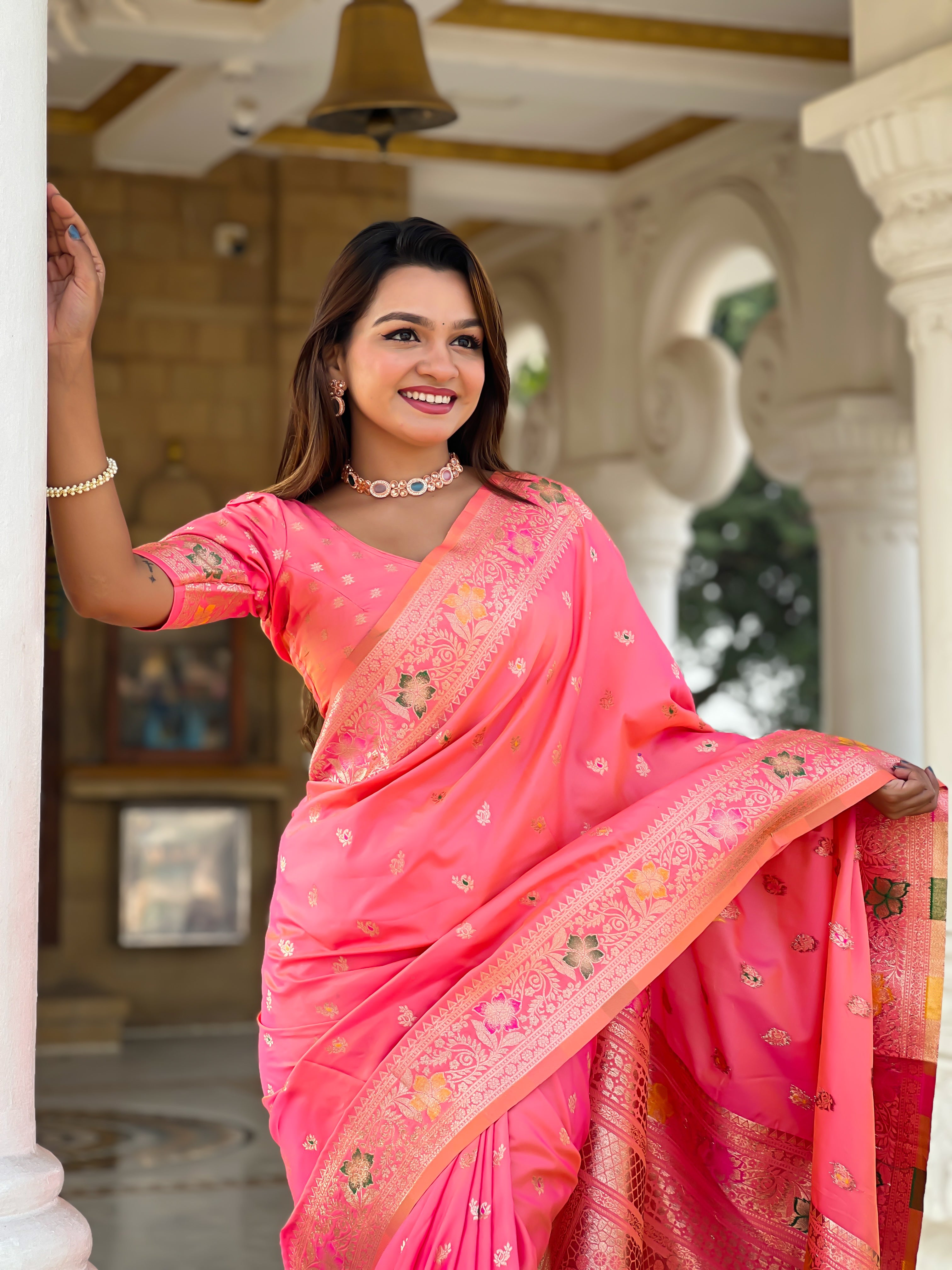 luxury soft banarasi silk saree with zari and meenakari weaving rich pallu and tassels