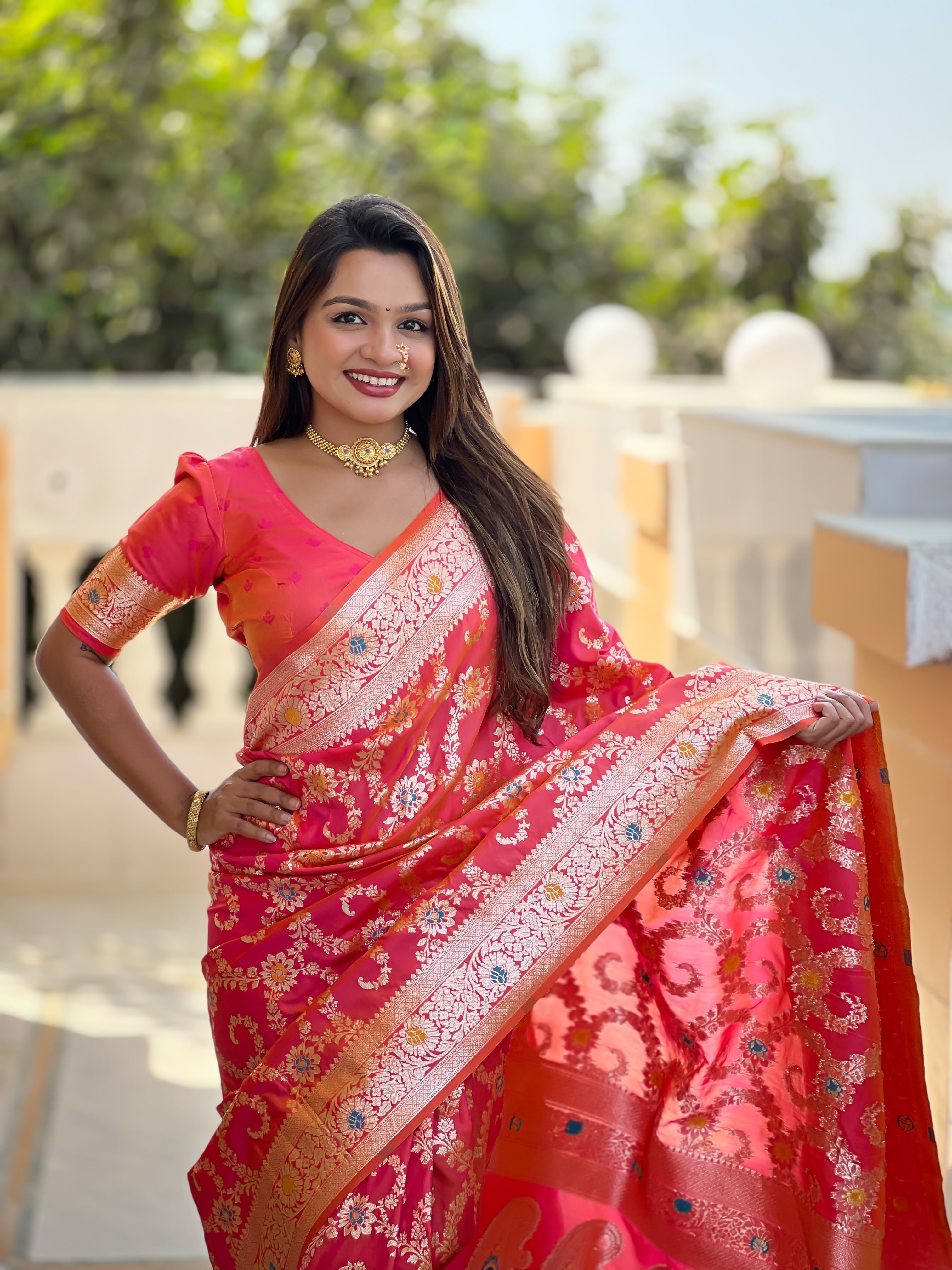 Soft Banarasi Silk Saree; Pure Silk Zari Weaving Saree; Traditional Meenakari Work Banarasi Sari; Rich Woven Pallu; Tassels on Pallu; Matching Soft Silk Woven Blouse Piece