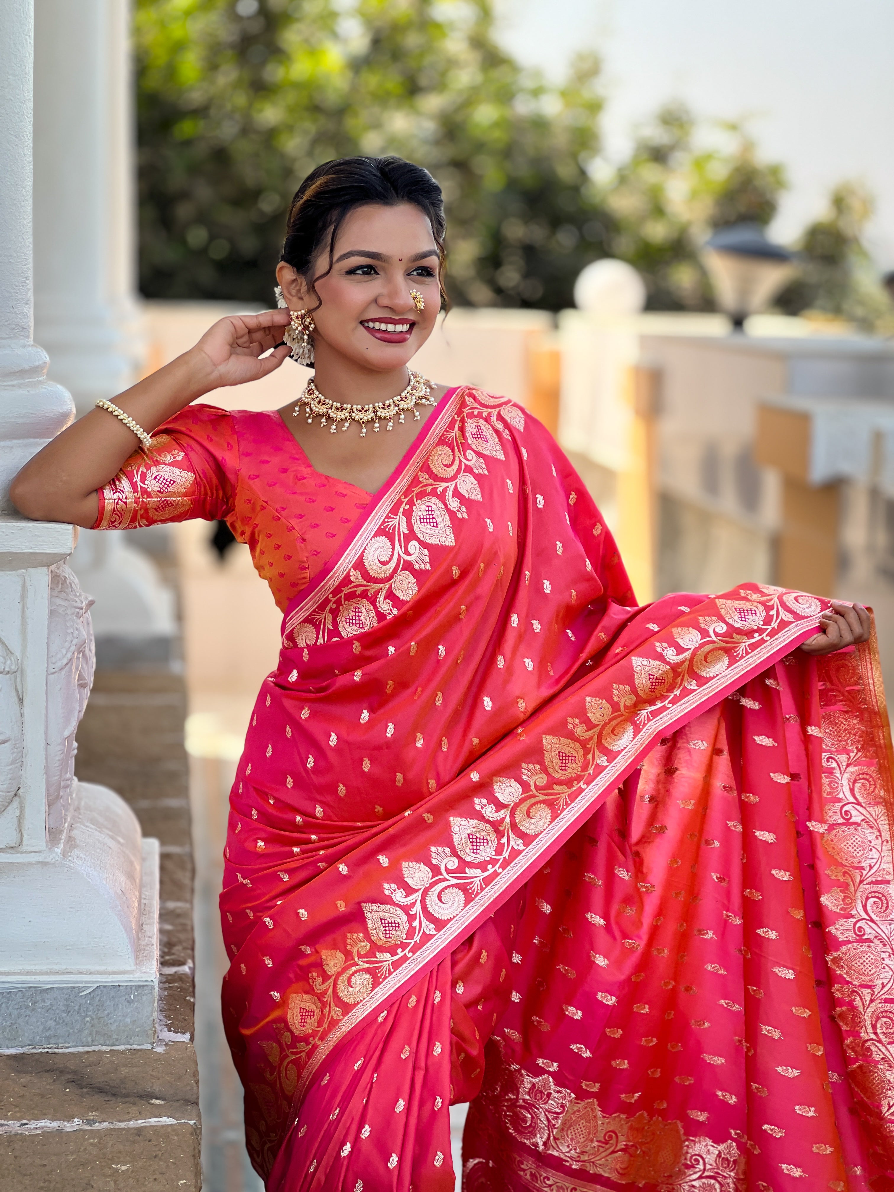 Soft Banarasi Silk Saree; Pure Silk Zari Weaving Saree; Rich Zari Pallu with Meenakari Border; Traditional Banarasi Sari with Tassels; Matching Soft Silk Woven Blouse Piece
