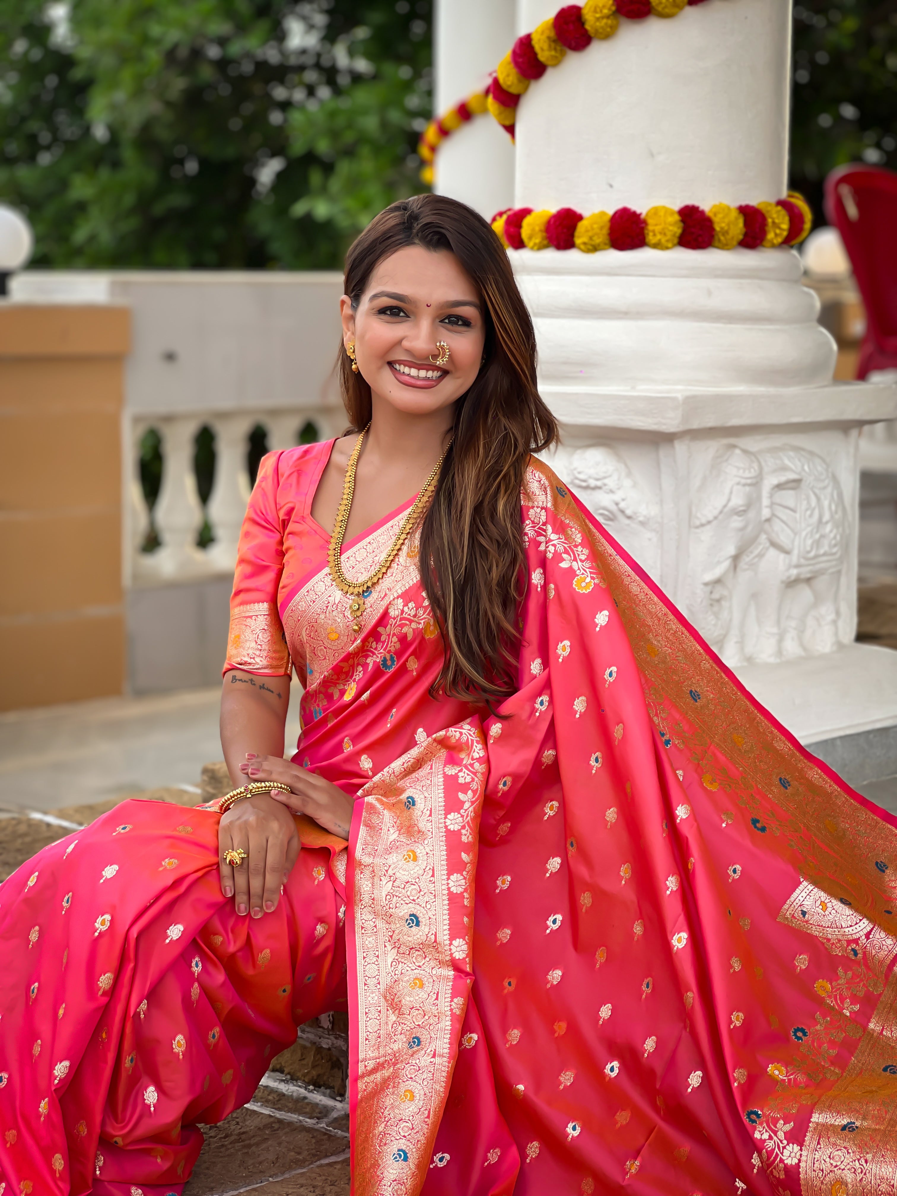 Soft Banarasi Silk Saree; Pure Silk Zari Weaving Saree; Traditional Meenakari Work Banarasi Sari; Rich Woven Pallu; Tassels on Pallu; Matching Soft Silk Woven Blouse Piece