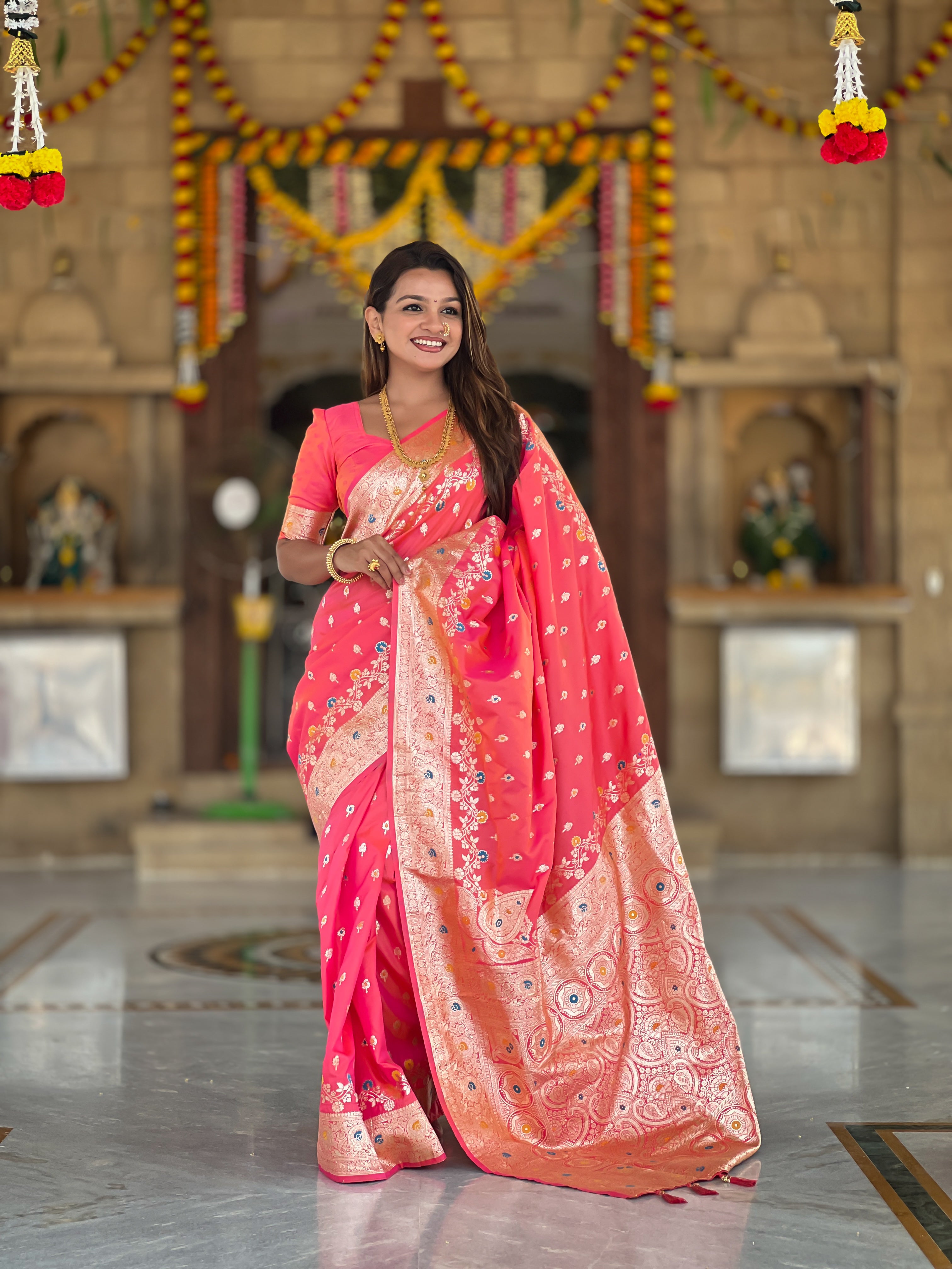 Soft Banarasi Silk Saree; Pure Silk Zari Weaving Saree; Traditional Meenakari Work Banarasi Sari; Rich Woven Pallu; Tassels on Pallu; Matching Soft Silk Woven Blouse Piece