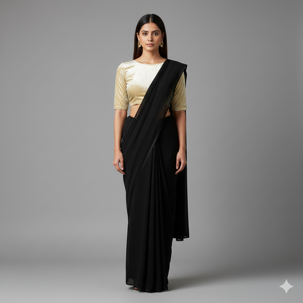 Black georgette saree paired with gold velvet blouse for rich festive contrast