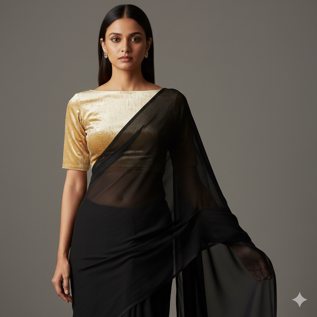 Black georgette saree paired with gold velvet blouse for rich festive contrast