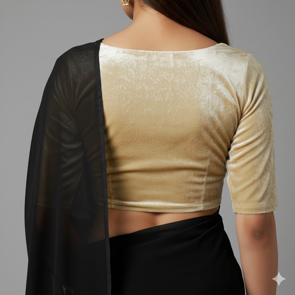 Black georgette saree paired with gold velvet blouse for rich festive contrast