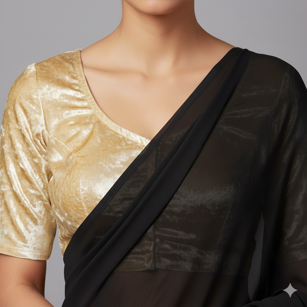Black georgette saree paired with gold velvet blouse for rich festive contrast