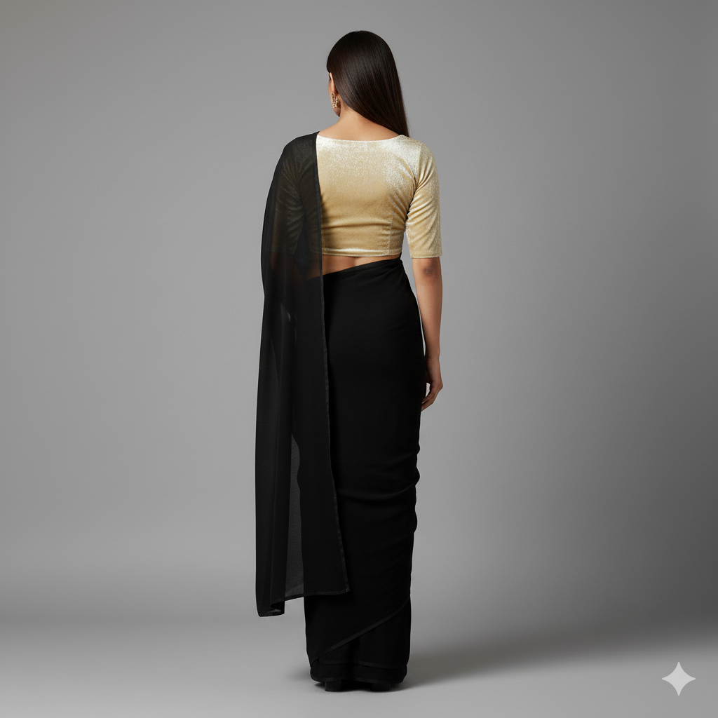 Black georgette saree paired with gold velvet blouse for rich festive contrast