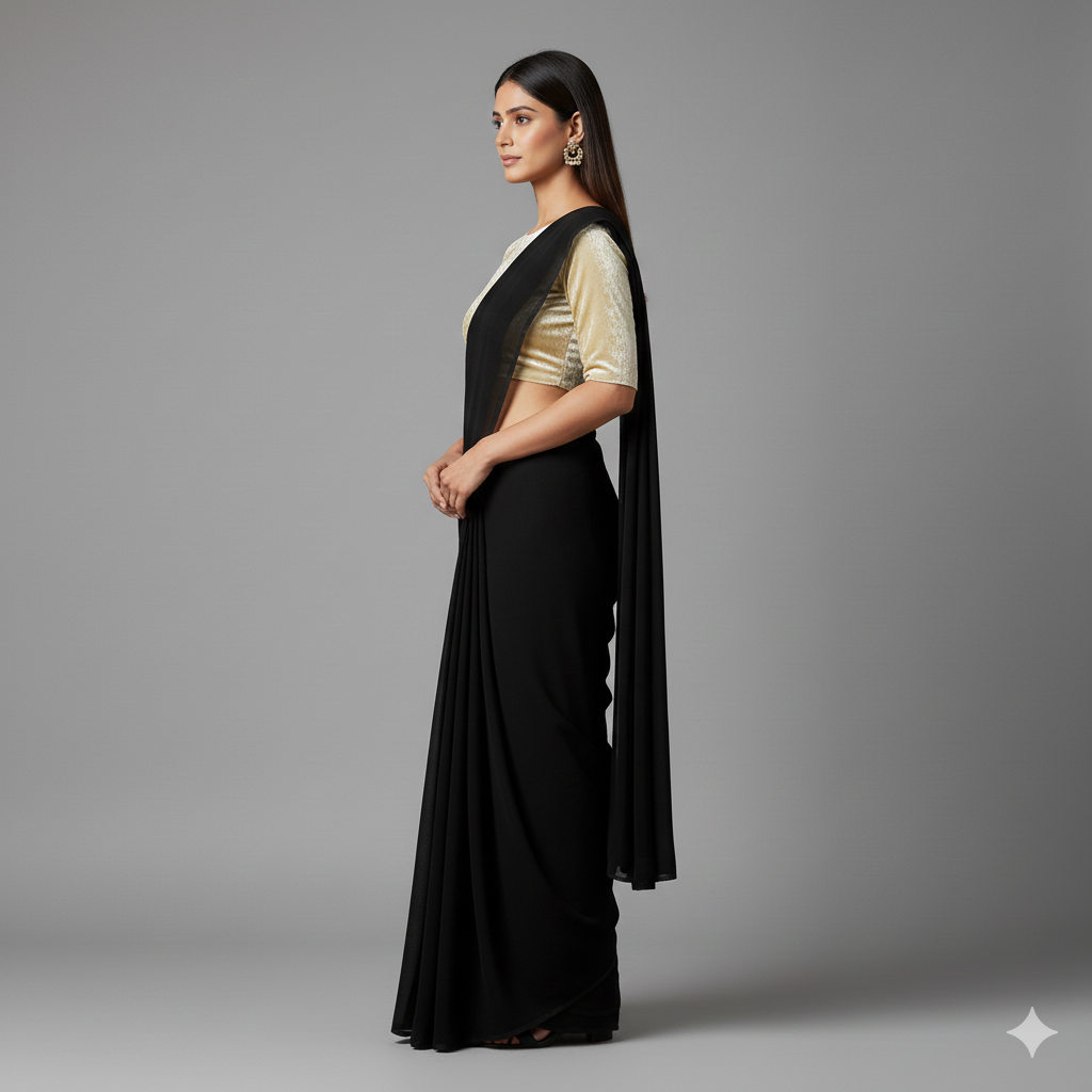 Black georgette saree paired with gold velvet blouse for rich festive contrast