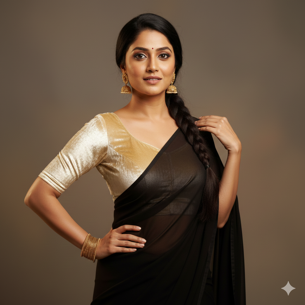 Black georgette saree paired with gold velvet blouse for rich festive contrast