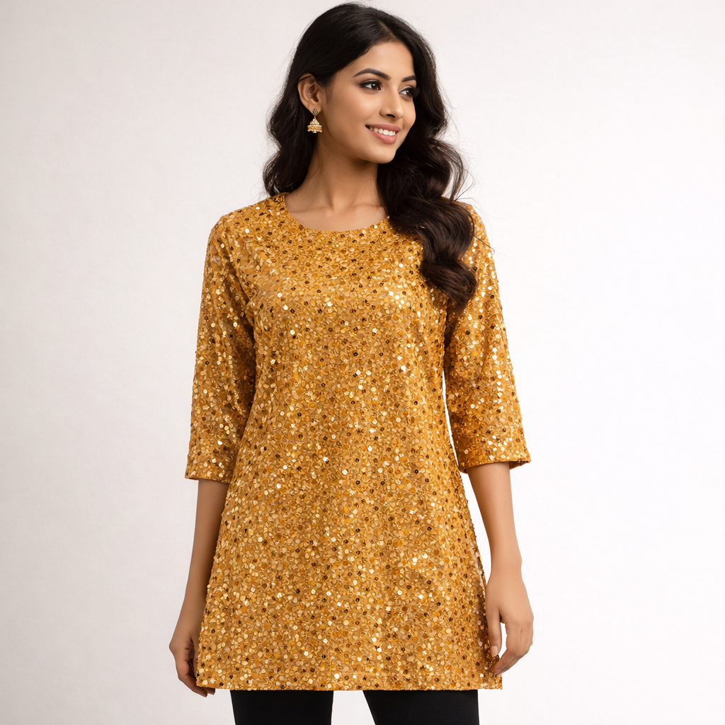 Gold Sequin Velvet Fabric – Premium Party Wear Finish | 1 Meter