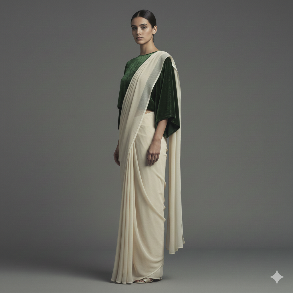 Cream georgette saree styled with green velvet blouse for elegant ethnic contrast