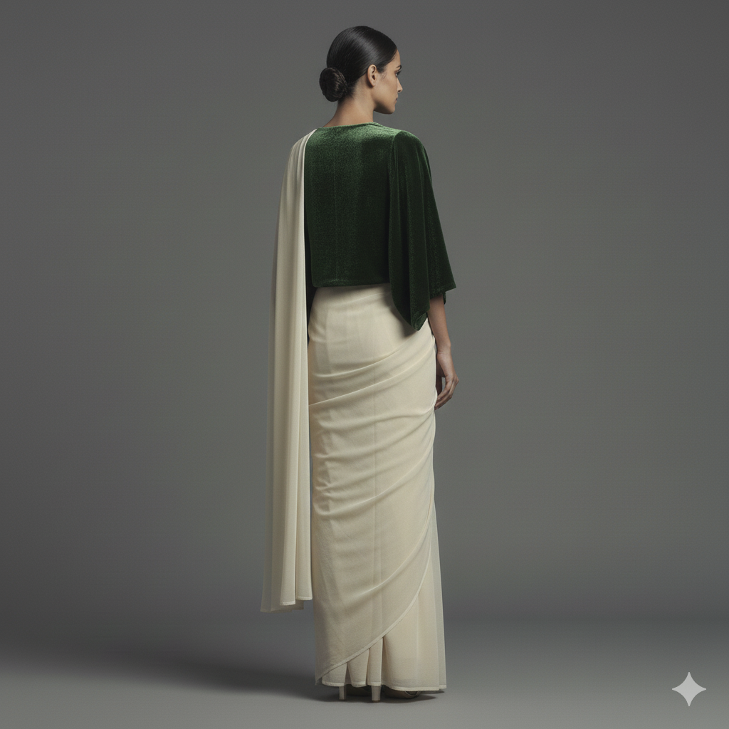 Cream georgette saree styled with green velvet blouse for elegant ethnic contrast