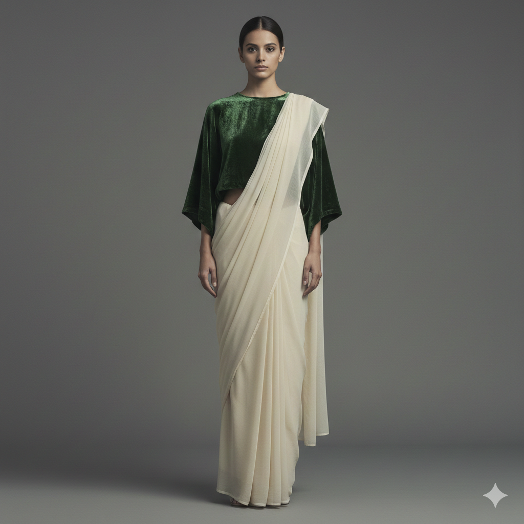 Cream georgette saree styled with green velvet blouse for elegant ethnic contrast